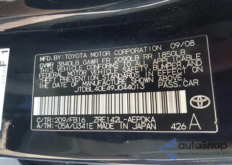 2009 Toyota Corolla Le/Xle z USA, uszkodzony, nr VIN JTDBL40E49J044013